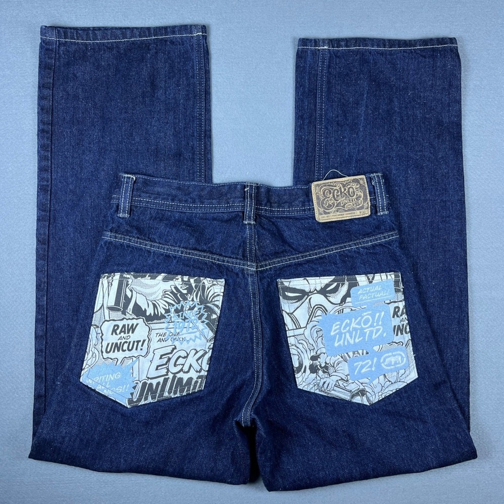 Ecko Unltd Baggy Jeans Mens 30 Dark Indigo Embroidered Graphic Comic Y2K Skate